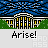 Pixelated animated sequence showing a building facade with yellow windows and green grass, transitioning through four sky states from clear blue to cloudy to dark stormy, each labeled 'Arise!' below.