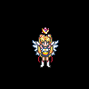 Pixelated character with blonde hair, white wings, and a colorful outfit emits purple light beams that increase in number across frames while pink dots appear on the black background.
