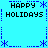 Pixelated blue background with repeated 'HAPPY HOLIDAYS' text and star-like symbols in black and dark blue.
