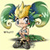 Pixelated character with large green and blue hair, yellow crown, blue eyes, red lips, and green outfit on light background.