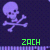 Pixelated purple skull and crossbones icons with varying text colors beneath each, set against a dark blue background.