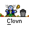 Pixel art clown character with rainbow face, blue jacket, green pants holding golden shovel next to gray trash can on gray background with red "badass buddy .com" text and white "Clown" label below.