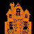 Four pixelated frames of an animated orange house icon with glowing windows, arranged in a 2x2 contact sheet on black background.