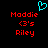 Pixelated red text 'Maddie', '(3's', and 'Riley' on black background with cyan heart symbol above left text block.