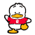 Pixelated duck-like character in red shirt with white symbol, standing on yellow feet against white background.