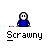 Pixelated character in blue clothing with white head performs sequential actions including sitting, standing, and falling with red impact effects, all beneath text reading "Scrawny".