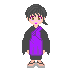 Pixel art character with short black hair, purple eyes, and pink lips wearing a purple top over dark sleeves and shorts.
