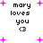 Pixelated text 'mary loves you <3' surrounded by pink plus signs on a white background, with variations in sign density and placement across frames.