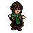 Pixel art character with brown hair, green scarf, dark coat, and maroon pants in three poses showing eye color changes from red to purple.