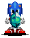 Blue anthropomorphic hedgehog with brown inner ears, white gloves, red shoes, and silver ankle cuffs holds a green gem-like object in front of its face.