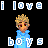 Pixel art contact sheet showing three animated frames of a character with changing outfits and expressions, surrounded by repeated text "i love boys" on black background.