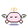 Pixelated pink round character with angel wings and halo, showing four distinct poses including arm positions and wing angles against gray background.