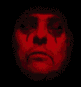 Red-toned face with dark eye patches and nose, transitioning through distorted facial expressions against black background.