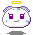 Pixelated character with white face, purple eyes, and yellow halo; left side shows closed mouth smile, right side shows open mouth expression.
