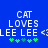 Blue background with white pixelated text 'CAT LOVES LEE LEE' and green plus signs, showing animation changes in the rightmost elements.
