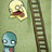 Pixelated cartoon characters on a green background with a brown ladder; yellow character has open mouth, blue character is static.