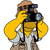 Pixelated character in yellow raincoat holding black camera, brown hair, white pants, brown shoes, static image with no visible text.