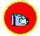 Red circular icon with yellow border containing a blue camera with white screen, yellow starburst, and white paper sheet in