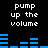 Black background with white text "pump up the volume" repeated twice, blue horizontal bars below each text block showing audio waveform animation.