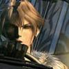 Anime-style character with light brown hair and glasses, wearing a dark blue jacket over a white shirt, viewed in profile against a blurred background.