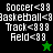 Four display text lists with sports terms and star symbols; two show green stars, two show black stars