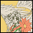 Pixelated image with yellow background, white floral pattern, and orange flower with green stem on left; black background with white text on right.