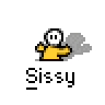 Animated contact sheet of 14 frames showing a yellow stick figure character with white head and black eyes performing various poses above the text "Sissy" on gray background.
