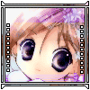 12 identical anime-style character faces with large purple eyes, brown hair, and a small pink flower accessory on the head