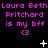 Pixelated text repeats 'Laura Beth Pritchard is my bff' with heart symbols and white stars on black background, animated by changing star positions.