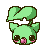 Pixel art character with green body, large black eyes, pink cheeks, and leaf-shaped ears, shown in six variations with subtle facial and ear position changes.