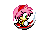 Pixelated character with pink hair and green eyes in a circular frame, transitioning through motion blur effects into swirling red-yellow rings.