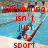 A beach scene with a person swimming in blue water, overlaid with red text reading "Swimming isn't just a sport" on the left and "It's a way of life" on the right.