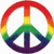 Two peace sign icons side-by-side: left is rainbow-colored, right is orange with musical notes and a sunburst effect.