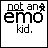 A 2x2 contact sheet of four animated frames showing variations of the text "not an emo kid." with different color schemes and small pixel art elements.