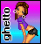 Pixel art buddy icon of a cartoon woman in profile with brown hair, purple top, and black shorts against a pink-to-blue gradient background, featuring vertical text on the left.