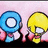 Animated sequence of two cartoon characters with blue and yellow circular heads against a pink background, displaying text changes.
