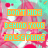 A static image with repeating text and patterned background in cyan, pink, white, and orange.