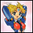 Pixelated anime-style character with blonde hair and blue outfit holding red spherical objects against light pink background.