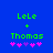Green text 'LeLe' above a green plus sign, then 'Thomas' below, with five pink and purple asterisk-like symbols at the bottom on a solid blue background.