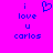 Pixelated blue text on bright pink background reads 'i love u carlos' with a heart symbol replacing the word 'love' in one view.