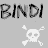 Two side-by-side animated frames of a buddy icon showing the word "BINDI" with red outline on right frame and grayed-out text on left, each above a white skull-and-crossbones symbol on gray background.