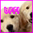 Pixelated close-up of a light-colored dog's face with dark eyes and nose, overlaid by bright pink pixelated text 'BFF' on the left side.