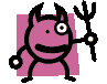 A pink cartoon devil with black horns, one eye, and a wide grin holds a pitchfork in four distinct poses against a gray background.