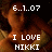 Pixelated image with brown and orange tones showing a figure's side profile, overlaid text reading '6..1..07', 'I LOVE', and 'NIKKI' in white block letters.