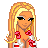 Pixel art buddy icon featuring a blonde female character in bikini with red floral accents and "BEACH BABE" text, displayed as 2x2 contact sheet of animation frames.