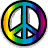 A circular peace symbol with a rainbow gradient border and solid blue center, rendered in pixelated style.