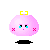 Pixelated pink spherical character with yellow crown-like top, cyan eyes, pink blush marks, and black base, showing multiple facial expressions including neutral, crying, and open-mouthed states.