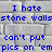 Pixelated blue text on a gray stone wall background reads "I hate stone walls can't put pics on 'em" in four lines.
