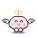 Pixelated pink character with wings and halo in four poses: arms outstretched, hands clasped, legs apart, and feet together on gray background.