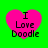 Four pink heart-shaped icons with black text "I Love Doodle" on a bright green background, arranged in a